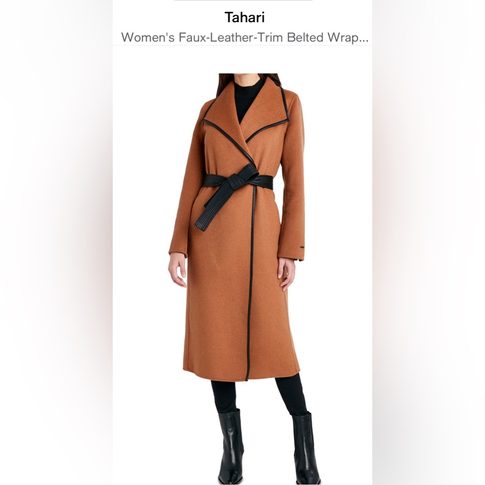 Tahari Women's Brown Belted Wool Wrap Coat, XL